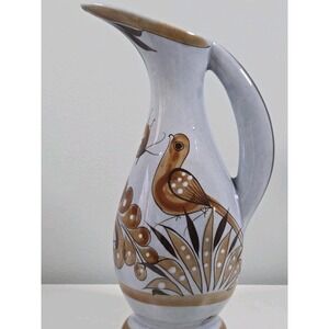 Vintage Mexican Pottery Pitcher - Hand Painted - 13.5" Brown Bird & Butterfly